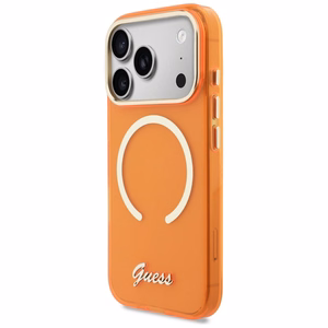 Guess IML Script Metal MagSafe Dėklas for iPhone 17 Pro Max - oranžinis