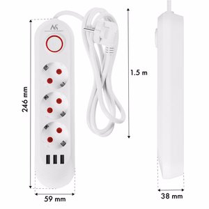 Maclean elektros paskirstytuvas, prailginimo laidas su 3 lizdais + 3xUSB, 110–240 V kintama srovė, 50/60 Hz, 2,1 A, maks. 2500 W, 1,5 m, baltas, MCE394 W