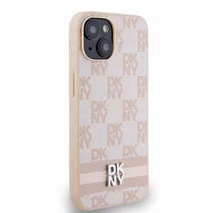 DKNY Leather Checkered Mono Pattern & Printed Stripes dėklas, skirtas iPhone 15 / 14 / 13, rožinis
