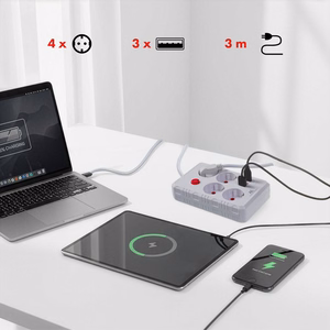 Maclean power strip, 4-socket extension cable + 3xUSB, 110-240V AC 50/60Hz, 2.1A max 2500W, 3m, white, MCE393 W