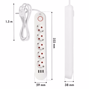 Maclean elektros paskirstytuvas, 5 lizdai + 3xUSB prailginimo laidas, 110–240 V kintama srovė, 50/60 Hz, 2,1 A, maks. 2500 W, 1,5 m, baltas, MCE395 W