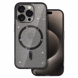 Glitter MagSafe juodas skaidrus dėklas telefonui iPhone 12