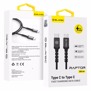 Blavec Raptor pintas USB-C–USB-C laidas, PD 100W, 5A, 2 m, Apple CarPlay ir Android Auto, CRA-CC5BG20, juodai pilkas