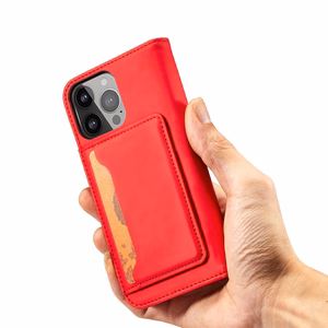 Magnetinė kortelės dėklas telefonui iPhone 14 Pro Max atverčiamas dėklas piniginė su stovu raudona