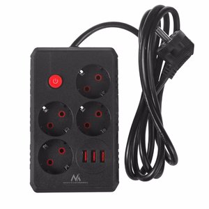 Maclean elektros paskirstytuvas, 4 lizdai + 3xUSB prailginimo laidas, 110–240 V kintama srovė, 50/60 Hz, 2,1 A, maks. 2500 W, 1,5 m, juodas, MCE392 B