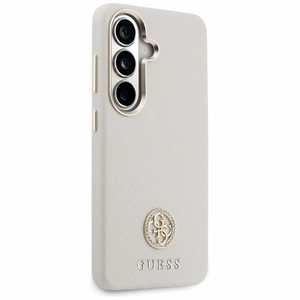 Guess dėklas Rhinestone Round Logo MagSafe skirtas Samsung Galaxy S26 smėlio spalvos