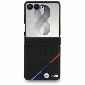 Juodas dėklas „BMW M Leather Perforated Tricolor Stripe Metal Logos“ su „MagSafe“, skirtas „Samsung Galaxy Z Flip8“