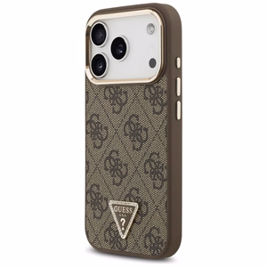 Чехол Guess PU Leather 4G Strass Triangle Logo Gold Frame MagSafe для Apple iPhone 18 Pro, коричневый