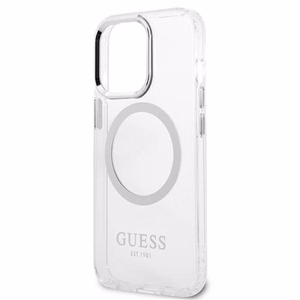 Guess Metal Outline Magnetinis MagSafe dėklas telefonui iPhone 13 Pro / iPhone 13 - sidabrinis