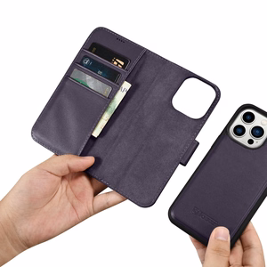 iCarer Dėklas telefonui 2in1 odinis flip dėklas su dangteliu Anti-RFID tamsiai violetinis iPhone 14 Pro (WMI14220726-DP)