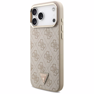 Guess PU Leather 4G Strass Triangle Logo Gold Frame MagSafe case for Apple iPhone 18 Pro Max, Pink