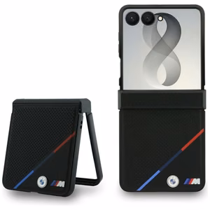 Juodas dėklas „BMW M Leather Perforated Tricolor Stripe Metal Logos“ su „MagSafe“, skirtas „Samsung Galaxy Z Flip8“