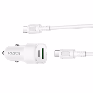 Borofone BZ34B Cloud USB + Type-C QC3.0 PD 38W automobilinis įkroviklis su Type-C į Type-C laidu, baltas