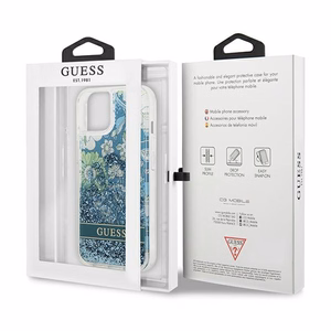 Guess GUHCP13MLFLSN iPhone 13 6.1" žalias/žalias kietasis dėklas su gėlių skysčio blizgučiais
