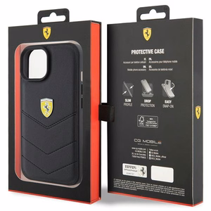 Ferrari dygsniuotas metalo logotipa dėklas iPhone 15 – juodas