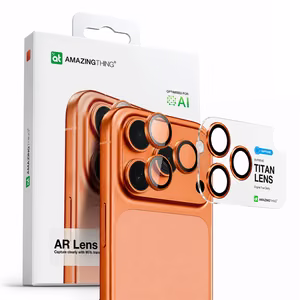 AmazingThing AR safyro kameros objektyvo stiklas iPhone 17 Pro / Pro Max - su oranžiniu rėmeliu