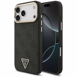 Dėklas Guess PU Leather 4G Strass Triangle Logo Gold Frame MagSafe Apple iPhone 17 Pro Max juodas