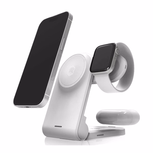 STM ChargeTree MAG nešiojamoji 3 viename belaidžio įkrovimo stotelė, skirta iPhone, Apple Watch ir AirPods, suderinama su MagSafe, balta