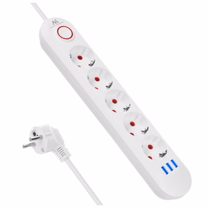 Maclean elektros paskirstytuvas, 5 lizdai + 3xUSB prailginimo laidas, 110–240 V kintama srovė, 50/60 Hz, 2,1 A, maks. 2500 W, 1,5 m, baltas, MCE395 W