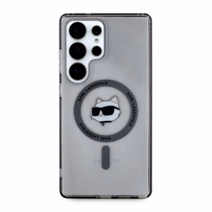 Karl Lagerfeld mygtukinis Choupette Head atspausdintas logotipas Magnētinis Samsung Galaxy S25 Ultra dėklas juodas