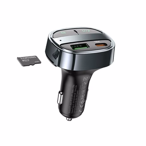 Automobilinis įkroviklis Hoco USB A + USB C PD QC3.0 5A 30W su skaitmenine indikacija + siųstuvas FM BT E70 obsidianinis juodas