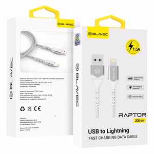 Кабель Blavec Raptor плетёный USB — Lightning 1,5A 2 м Apple CarPlay (CRA-UL15WS20) белый-серебристый