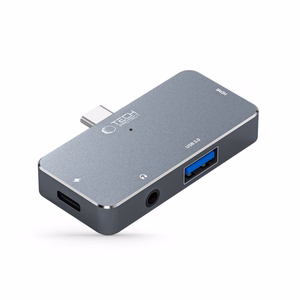 HUB Tech-Protect V6 4in1 USB-C - USB-A 3.0 / USB-C PD100W / HDMI / mini jack 3.5mm - pilkas