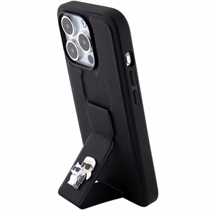 Karl Lagerfeld Gripstand Saffiano Karl&Choupette Pins dėklas telefonui iPhone 15 Pro Max - juodas