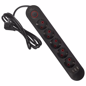Maclean elektros paskirstytuvas, 5 lizdai + 3xUSB prailginimo laidas, 110–240 V kintama srovė, 50/60 Hz, 2,1 A, maks. 2500 W, 1,5 m, juodas, MCE395 B
