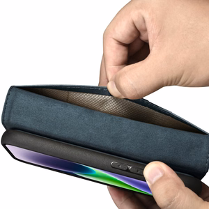 iCarer Aliejaus Vaško Piniginės Dėklas 2in1 Dangtelis iPhone 14 Plus Anti-RFID Odinis Atverčiamas Dėklas Mėlynas (WMI14220723-BU)