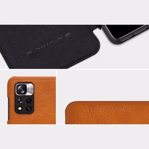 Nillkin Qin dėklas telefonui Xiaomi Redmi Note 11 Pro+ (Kinija) / Redmi Note 11 Pro (Kinija) / Mi11i HyperCharge apsauginis kameros dėklas su stovu rudas