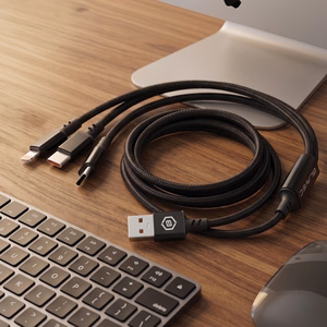 Blavec Trixo плетеный кабель - USB на 2xType C + Lightning - QC 18W PD60W 3A 1,3 м (CTR-U2CL3B13) черный