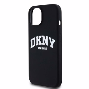 DKNY Skystas silikoninis dėklas MagSafe iPhone 15 Plus / 14 Plus su balto logotipo spauda - juodas (m)