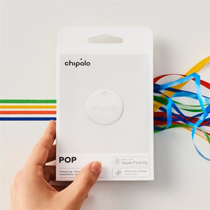 Baltas „Chipolo POP“ Bluetooth sekiklis su keičiama baterija, skirtas „iOS“ ir „Android“ įrenginiams