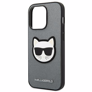 Karl Lagerfeld Saffiano Choupette Head Patch dėklas telefonui iPhone 14 Pro Max - sidabrinis
