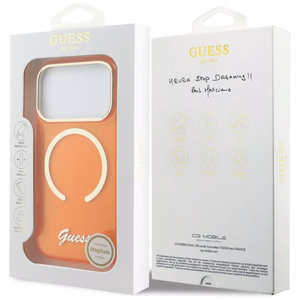 Guess IML Script Metal MagSafe Dėklas for iPhone 17 Pro Max - oranžinis