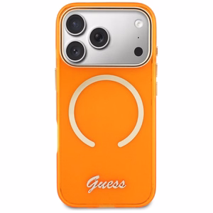 Guess IML Script Metal MagSafe Dėklas for iPhone 17 Pro Max - oranžinis