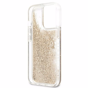 Guess 4G Big Liquid Glitter dėklas telefonui iPhone 13 Pro Max 6.7" - auksinis