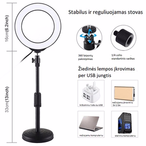 LED žiedinė lempa 16cm, su stovu iki 33cm, USB, RGBW