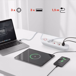 Maclean elektros paskirstytuvas, prailginimo laidas su 3 lizdais + 3xUSB, 110–240 V kintama srovė, 50/60 Hz, 2,1 A, maks. 2500 W, 1,5 m, baltas, MCE394 W