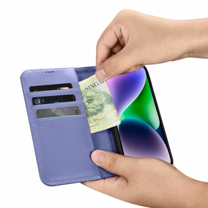 iCarer Piniginės dėklas 2in1 viršelis iPhone 14 Plus Anti-RFID odinis atverčiamas dėklas šviesiai violetinis (WMI14220727-LP)