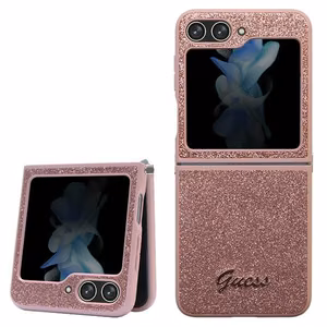 Guess Glitter Script dėklas telefonui Samsung Galaxy Z Flip 5 - rožinis