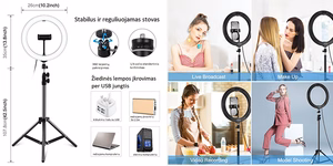 LED žiedinė lempa 26cm, su trikoju stovu iki 1.1m ir telefono laikikliu, USB