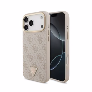 Dėklas Guess PU Leather 4G Strass Triangle Logo Gold Frame MagSafe Apple iPhone 18 Pro Max rožinis