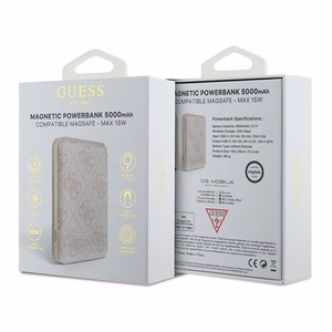 Guess indukcinė 15W GUPB5FP4EMGP 5000mAh išorinė baterija rožinė/rožinė 4G odinis metalinis logotipas MagSafe