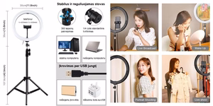 LED žiedinė lempa 30cm, su trikoju stovu iki 1.1m ir telefono laikikliu, USB