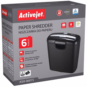 Activejet ASH-0601S shredder, P-2, 10 l, 6 mm strip, 6 sheets, black.