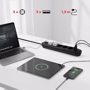 Maclean elektros paskirstytuvas, 5 lizdai + 3xUSB prailginimo laidas, 110–240 V kintama srovė, 50/60 Hz, 2,1 A, maks. 2500 W, 1,5 m, juodas, MCE395 B