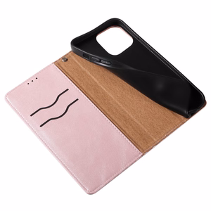 Magnetinis dirželio dėklas telefonui iPhone 14 Plus su atverčiamu dangteliu, pinigine, mini dirželiu ir stovu, rožinis