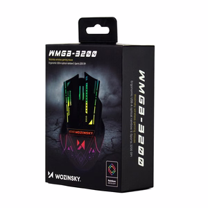 "Wozinsky WMGB-3200" belaidė optinė žaidimų pelė su įmontuotu įkraunamu akumuliatoriumi 3200 DPI su RGB apšvietimu - juoda